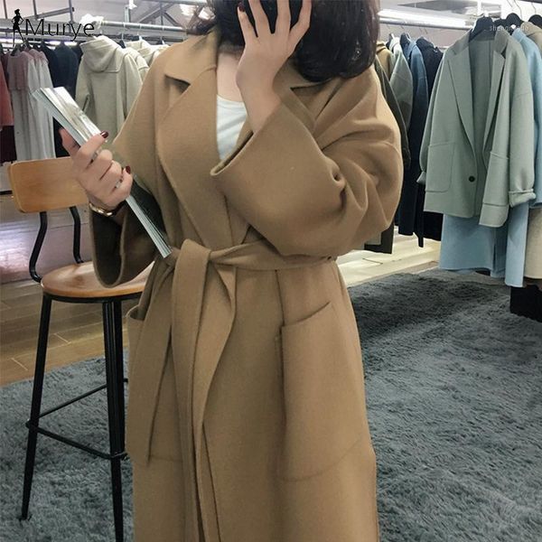 

women's wool & blends women winter coat blend long jacket autumn outerwear vintage office ladies elegant rosetic korean split clothing, Black