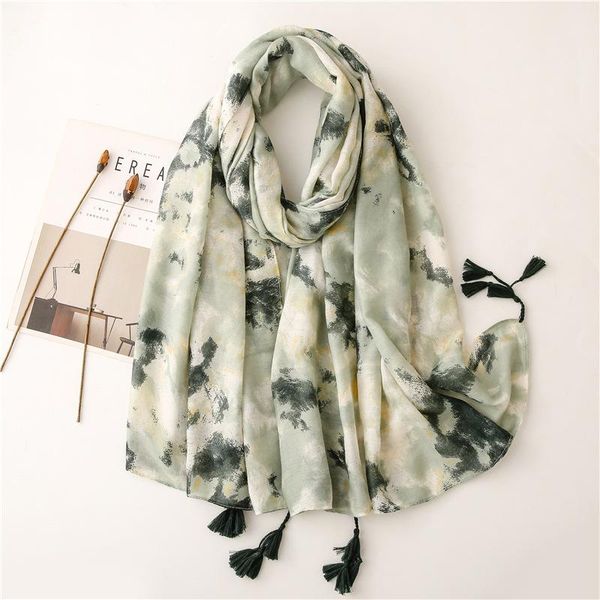 

scarves scarf shawl spring, summer and autumn cotton linen hand feel literature art feng shui ink painting warm women's beach, Blue;gray