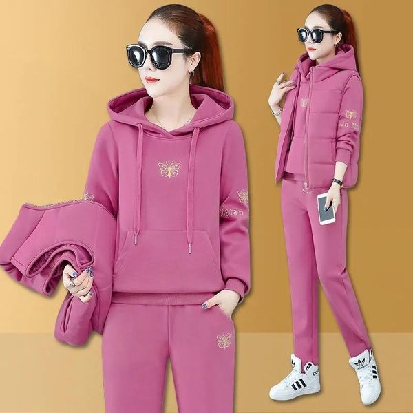 

women's two piece pants women embroidery tracksuit 3 set winter sweatsuit fashion thick sweatpant and hoodie plus size vest suit casual, White