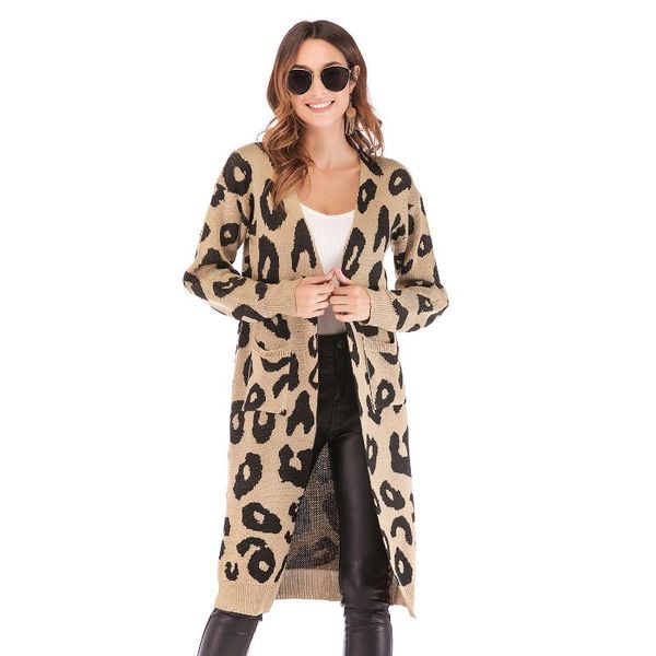 

women's jackets 2021 fashion women leopard knitted sweaters cardigan coats autumn winter warm kintted kimono ladies long overcoats, Black;brown