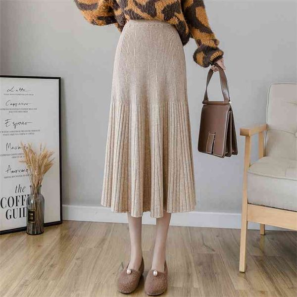 

autumn&winter arrival women simple high waist knitted skirt casual fishtail thick long 210527, Black