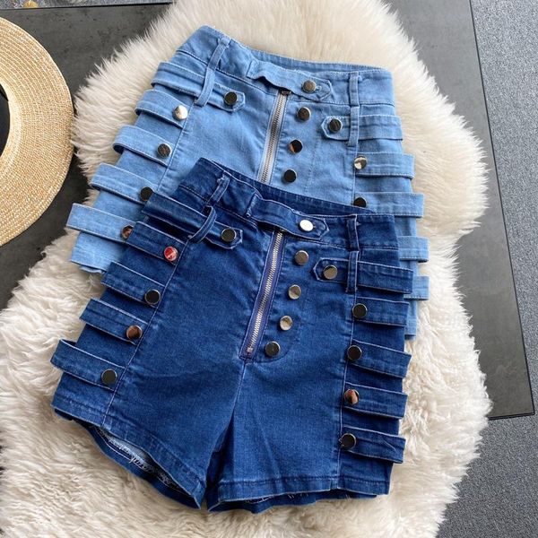 

women's jeans 2021 summer denim shorts high waist slimming casual side metal breasted motorcycle wide-leg, Blue