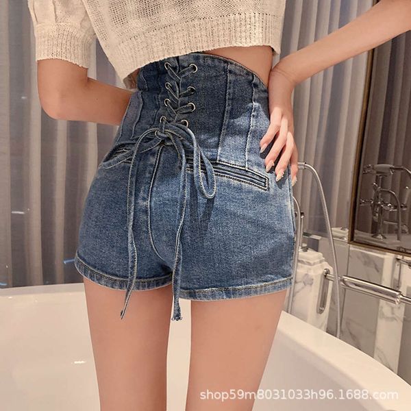

summer design sense lace up pants kong style tight high waist shorts women, Blue