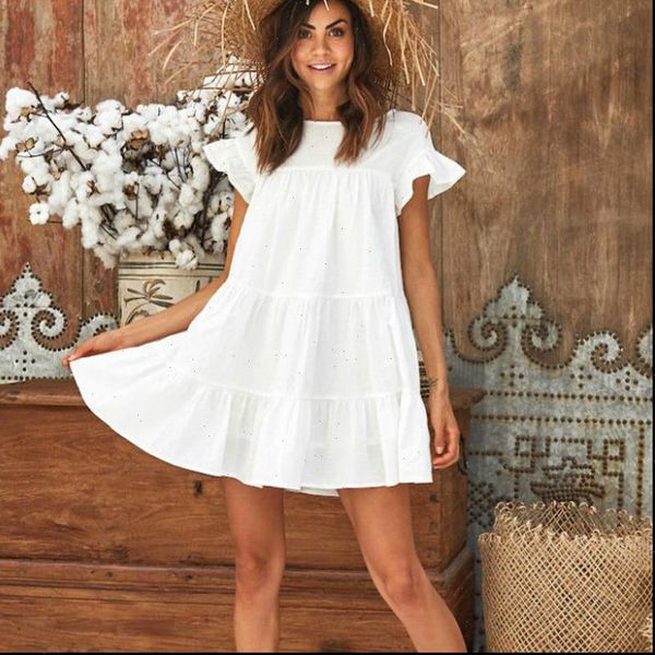 

short sleeve beach solid womens dress holiday mini ruffless summer casual boho party loose sundress, Black;gray