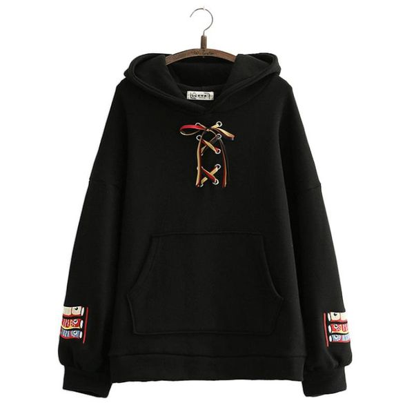 

women's hoodies & sweatshirts fleece harajuku cartoon embroidery hooded sweatshirt women 2021 winter long sleeve criss cross lace up ko, Black