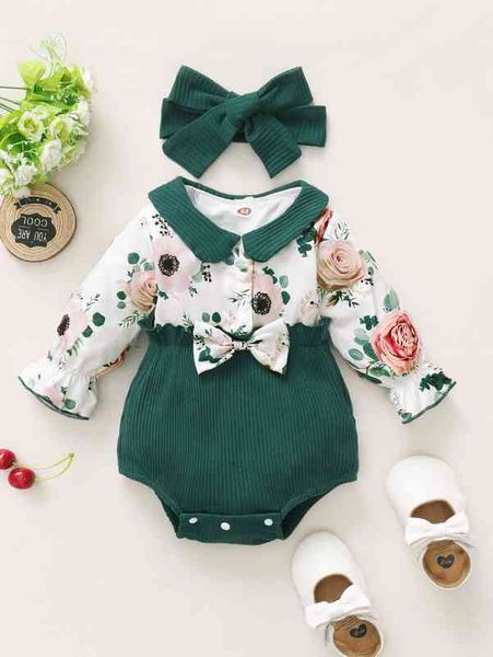 

baby floral print ruffle bow front bodysuit with headband she, Blue