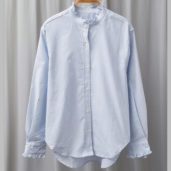 

women's 21isa mar shirt blouses long sleeve shirts ruffles stripe autumn clothes stand collar classic women loose, White