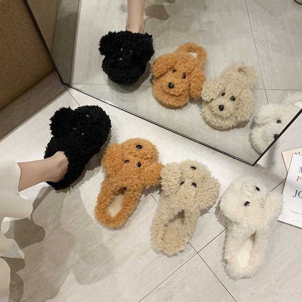 

cootelili woman slippers winter shoes for women fashion dog faux fur 3cm heel women shoes white beige plus size 40 41 211120, Black