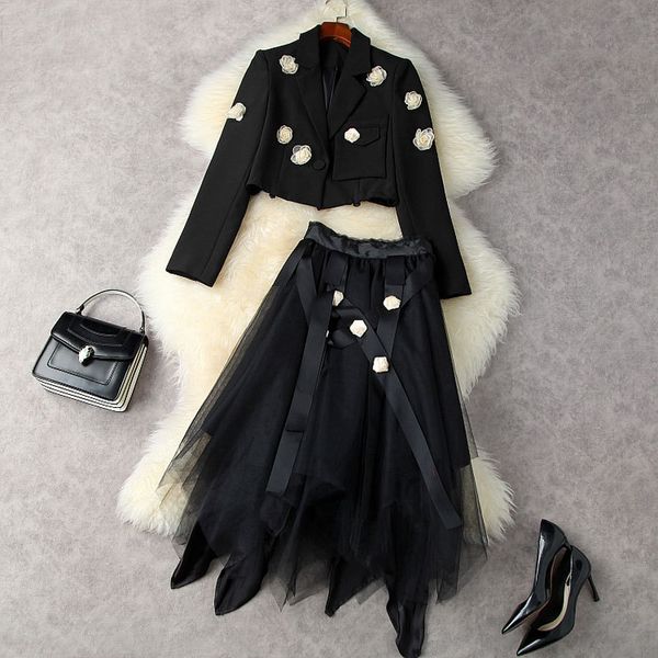 

2021 fall autumn long sleeve notched-lapel black pure color single-button 3d flowers blazers coat + tulle asymmetry skirt two piece suits 2, White