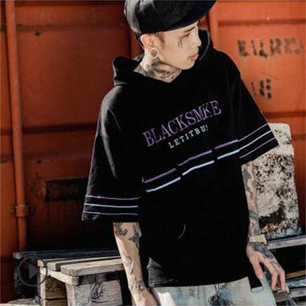 

men's t-shirts american vintage style short sleeve stripe embroidery solid thin hoodies lovers cool streetwear hooded t- kstv, White;black