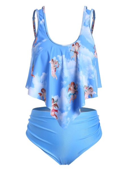 

one-piece suits plus size angel cherub print overlay tankini swimsuit