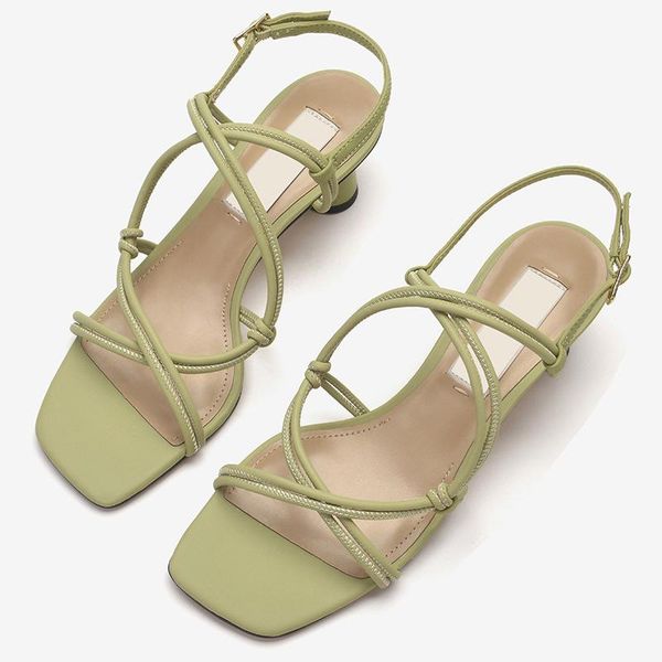 

sandals 2021 summer fashion cross-tied square toe ladies simple casual solid color block high heels shoes for women, Black