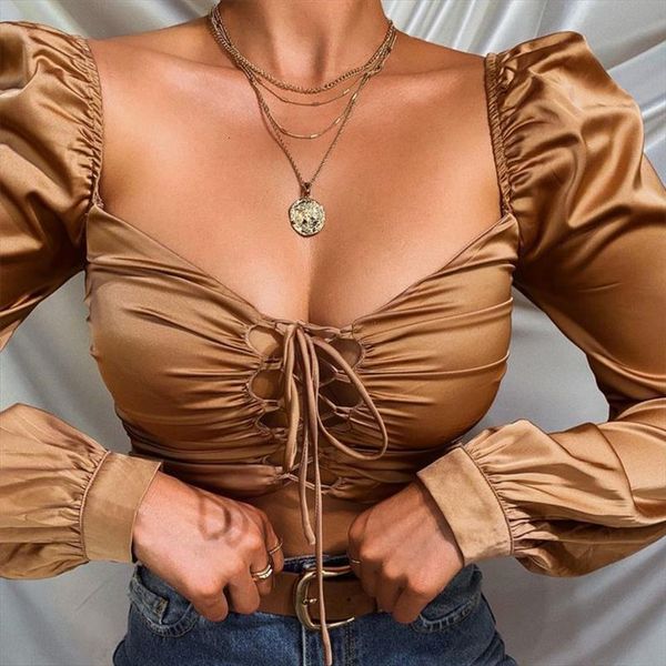 

champagne gold bandage long women shirt slush lantern sleeve chest adjustable lace up straps crop female, White