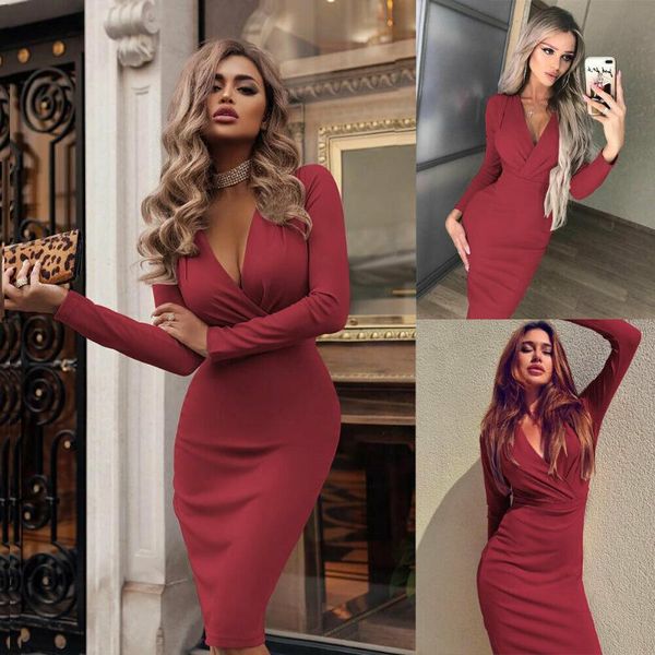 

casual dresses women summer v neck high waist midi dress ladies long sleeve bandage bodycon cocktail elegant slim knee length, Black;gray