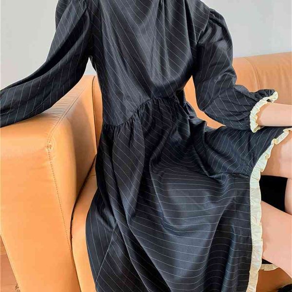 

casual dresses autumn striped long ruffle women sleeve asymmetrical ladies midi vintage japanese clothes i024, Black;gray