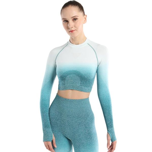 

yoga outfit women set sports gradient color seamless gym clothes workout fitness sportswear long sleeve shirts