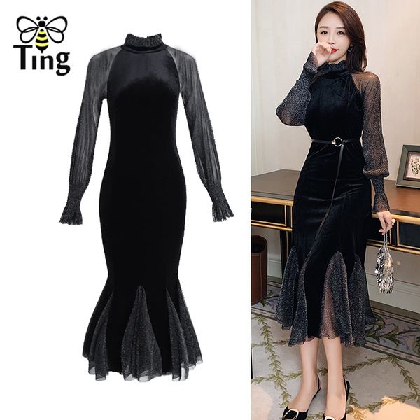 

fashion autumn spring mesh sheer sleeve ruffles mermaid midi dress vintage elegant slim velvet casual office work 210513, Black;gray