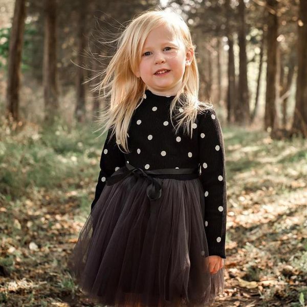 Baby Mädchen Kleidung Punkte Prinzessin Kleider Langarm Strick Spitze Tutu Kleid Mädchen Outfits Kinder Kleidung Rosa Schwarz Weiß Optional DHW1972