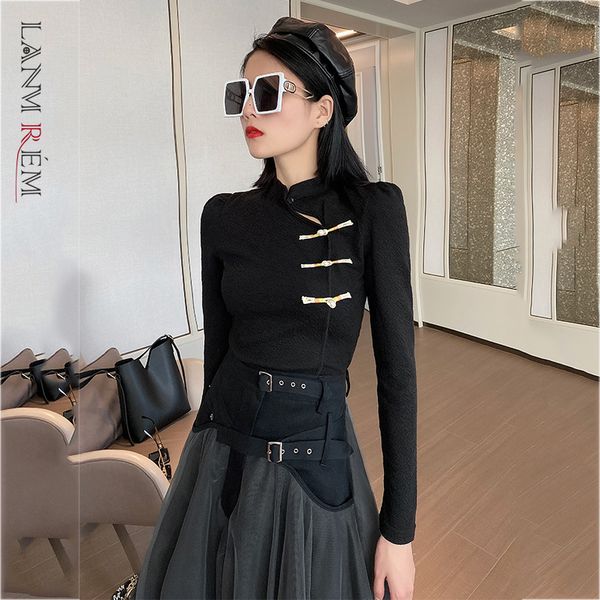 

women black buckle short t-shirt stand neck long sleeve fashion temperament tide spring autumn 2e1358 210507, White
