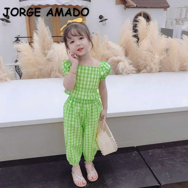 Sommer Kinder Mädchen 2-teiliges Set Grün Plaid Kurze Hemden + Hosen Süße Stil Kleinkind Mädchen Outfits Kinder Kleidung E301 210610