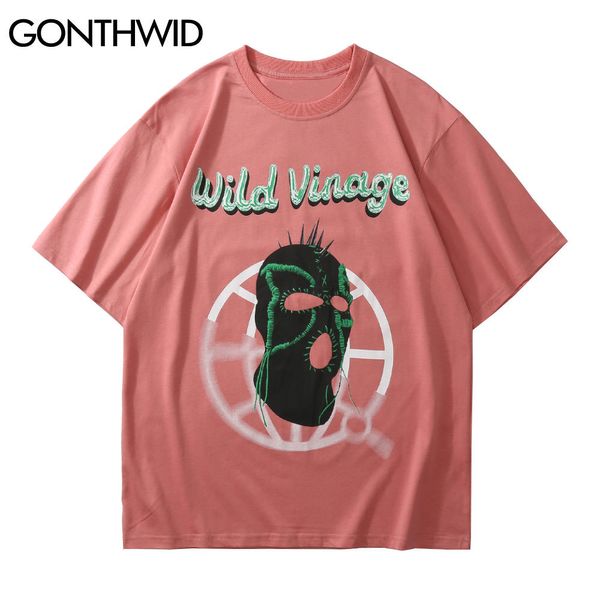 Gonthwid Tshirts Streetwear Hip Hop Graffiti Mask Print Punk Rock Gothic T-shirts Harajuku Kurzarm Baumwolle Beiläufige Lose Tops C0315