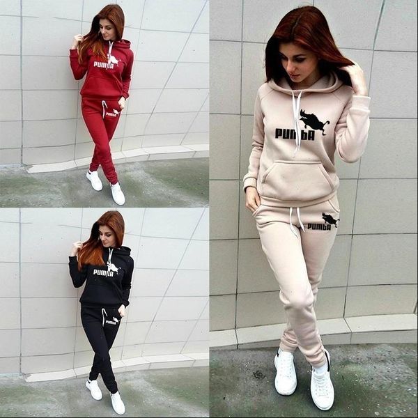 

autumn winter 2 piece set women tracksuits jogging hoodies pants printed sportswear suits thicken warm ladies girls hoodie sets, Gray