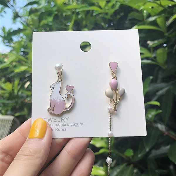 

stud asymmetric pink balloon cat earrings trend, japan and long chain pearl temperament female ear clip, Golden;silver