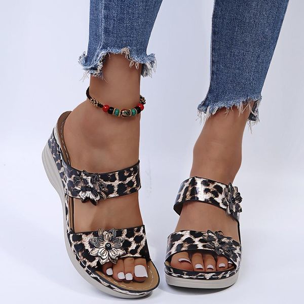 

slippers women's flip flops 2021 summer shoes women leopard wedge round head comfortable beach flowers woman, Black