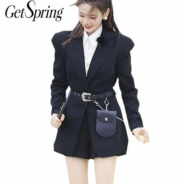 

getspring women blazer temperament suit single button long sleeve ladies black coat belt women's slim jacket suits & blazers, White;black