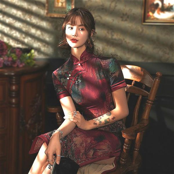 

ladies novelty improved silk cheongsam slim daily chinese qipao dress red flower design plus size clothes ethnic clothing