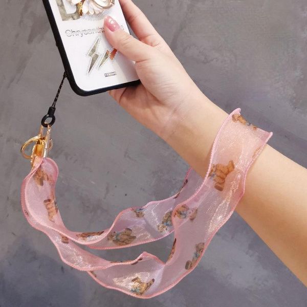 

keychains mesh silk scarf mobile phone lanyard without neck universal key chain women style, Silver
