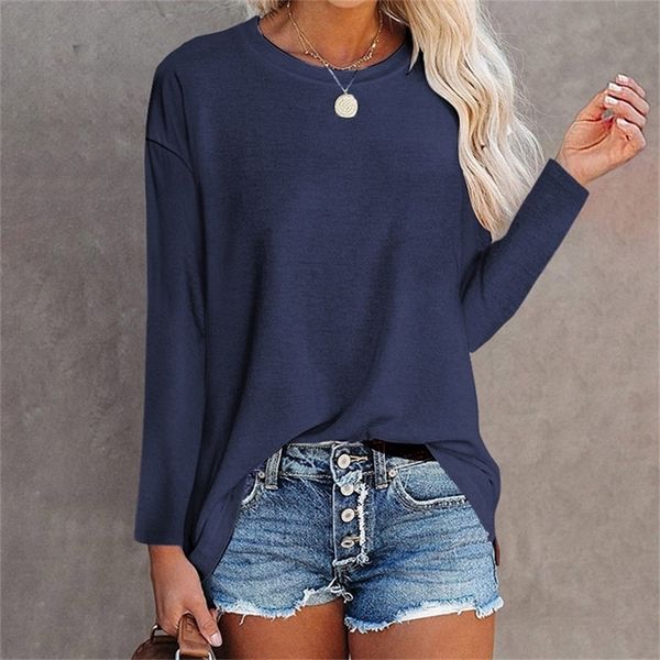 

autumn fashion basic t shirt women casual long sleeve loose solid oversized tee female clothing camisetas de mujer 220307, White