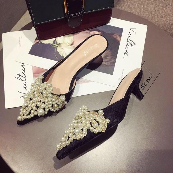 

slippers luxury women designer slides ladies brand mules shoes dress crystals pointed toe heels, Black