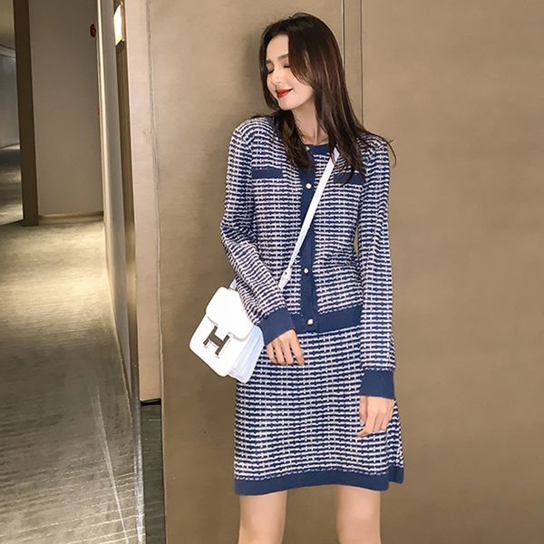 

elegant knitted 2 piece set women plaid o-neck single breasted cardigant sweater and high waist skirt suit sets p-317, White