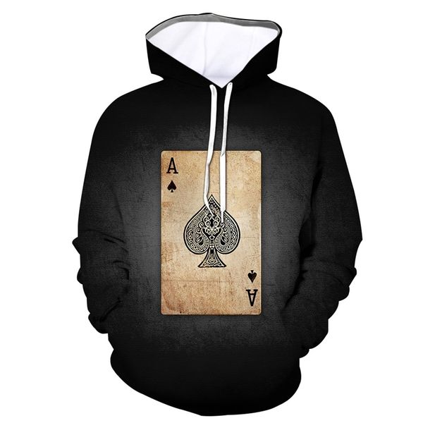

fashionable new playing card casual hooded sweater 3d digital printing round neck pullover men's sweater, Black