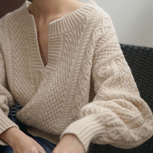 

women's t-shirt autumn winter pullovers oversize sweaters v-neck casual minimalist beige green korean knitted ladies jumpers pzk2, White