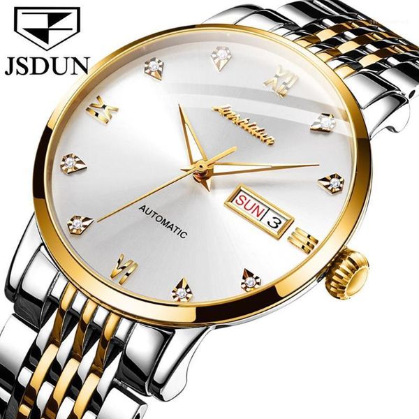 

jsdun waterproof ultra thin automatic mechanical men watch luxury 18k gold stainless steel strap sapphire glass oyster perpetual wristwatche, Slivery;brown