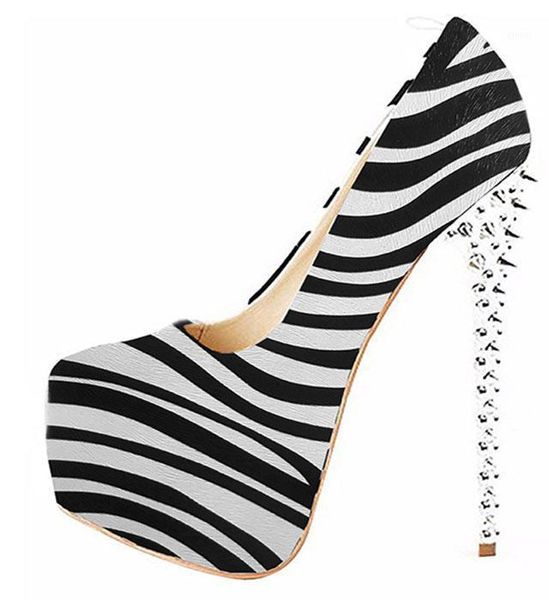 

woman metal plated rivets studs heels zebra leopard pumps platform super high pointed toe slip on shoes club party dress, Black