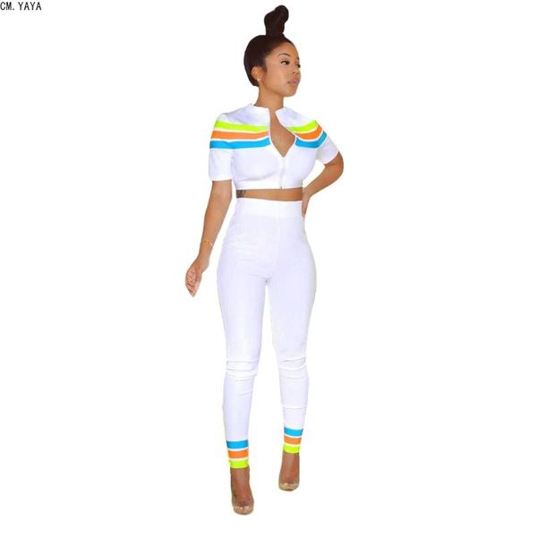 

two piece dress cm.yaya 2021 winter women o neck full sleeve zipper crop pants solid patchwork suit set casual fitness jh138, White