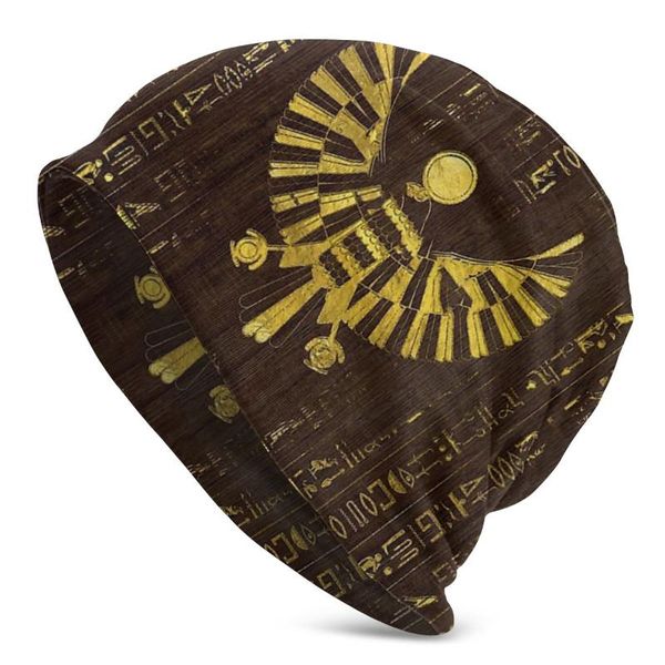 

golden egyptian horus falcon and hieroglyphics on wood autumn female warm beanies double used windproof bonnet hats