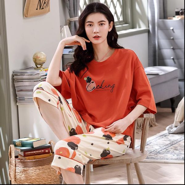 

100% cotton pajamas set women sleepwear home wear short sleeve casual pajama female loose loungewear xxl xxxl 4xl, Black;red