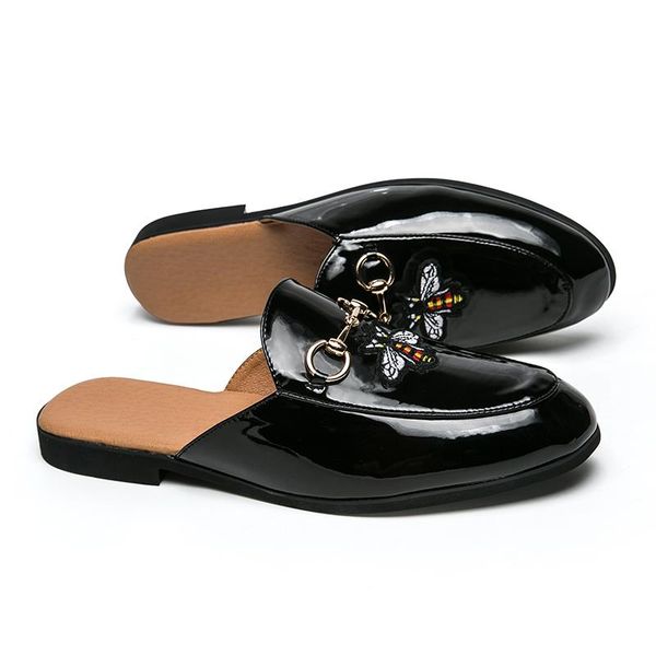 

qaulity luxury brand mens designer horsebit metal buckle bee slippers genuine leather mules slipper men indoor and outdoor casual, Black