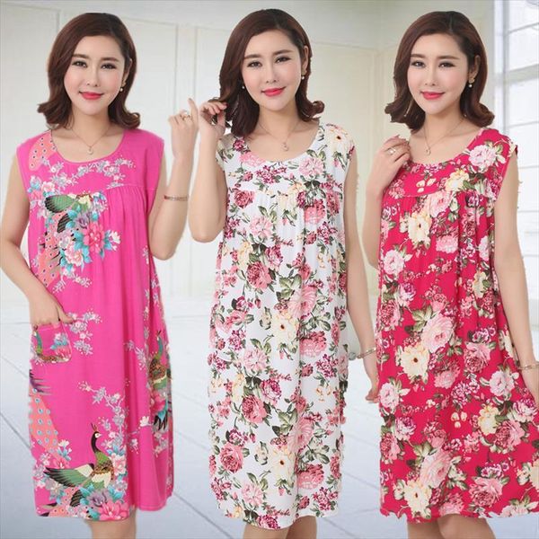 

mother dress artificial cotton womens sleepwears home service plus fat size summer nightdress middle aged silk nightgown, Black;red