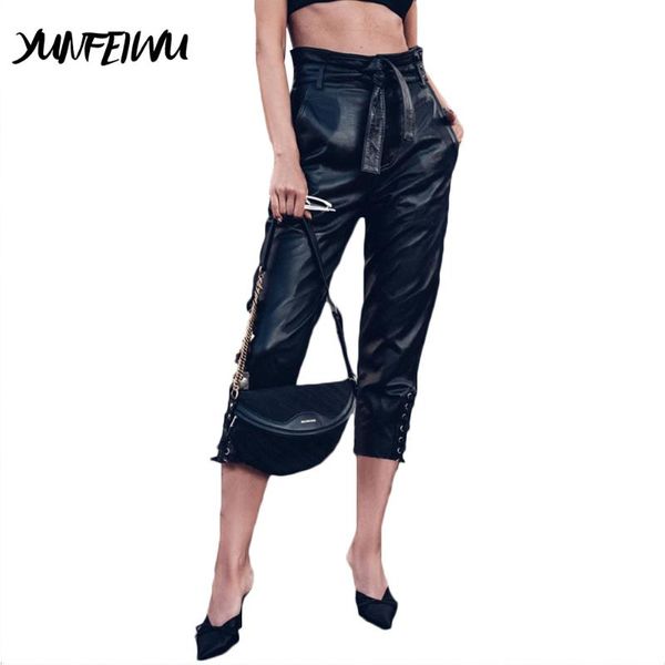 

women's pants & capris women autumn winter black pu leather with belt high waist stretch pencil ankle length trousers fashion, Black;white