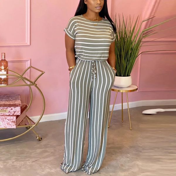 

2011Women Causal Striped Short Sleeve Jumpsuit Plus Size Loose Fit Summer Long Pants Daily Overalls Comfy Jumpsuit, Black