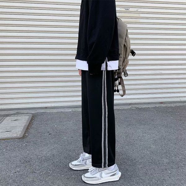 

men casual pants chic spliced striped fashion cool harajuku korean style loose leisure drape straight drawstring sweatpants cozy, Black