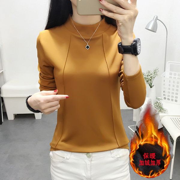 

tuangbiang 2021 winter turtleneck keep warm t shirts woman long sleeve casual tshirt cotton cashmere thick camiseta mujer, White