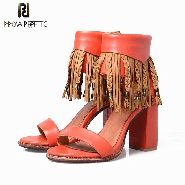 

prova perfetto 2021 style lady summer sandal shoes leather ankle fringe tassel open toe shoe chunky heel sandals, Black