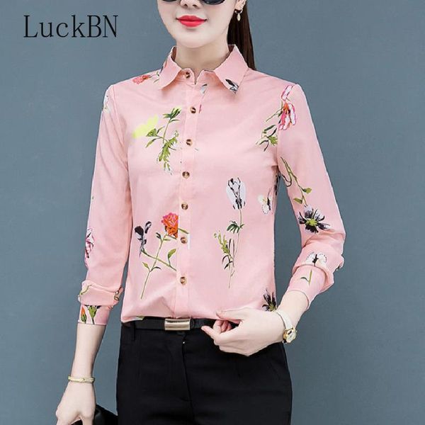 

women's blouses & shirts spring autumn printed pink white shirt office korean long-sleeve chiffon slim blusas mujer 2021