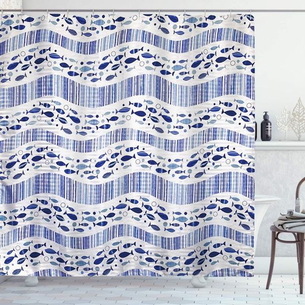 

boho stripes fish shower curtains funny sea animal underwater ocean navy ethnic tribal cartoon chic artwork cloth fabric